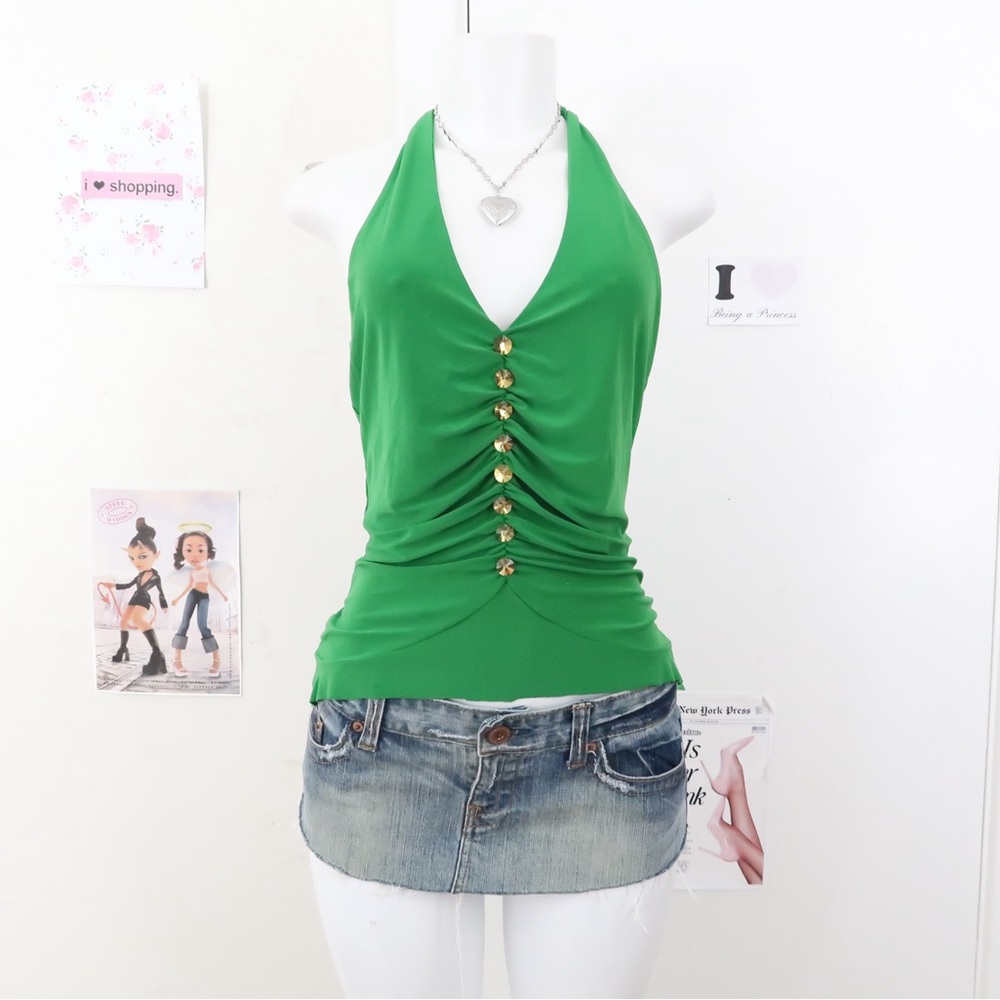 Green Halter Ruched Camisole Top